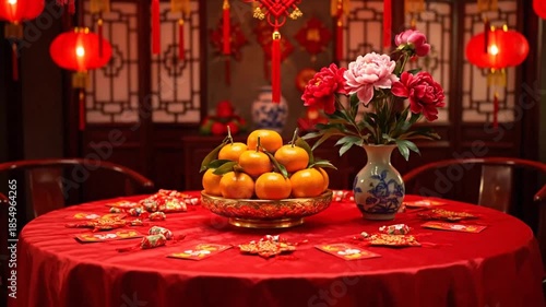 Vibrant Lunar New Year Celebration with Traditional Decor and Festive Atmosphere