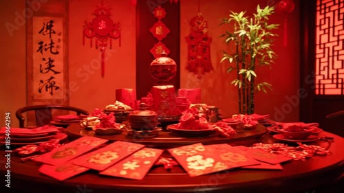 Festive Chinese Lunar New Year Dinner Setup with Red Decorations and