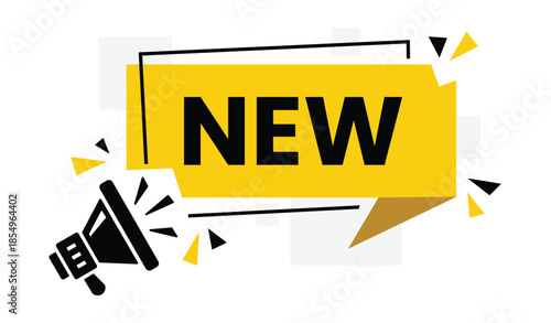 New Arrival Announcement Banner with Megaphone Icon – Yellow and Black Speech Bubble Label for Marketing Promotion, Product Launch, Business Advertising, Modern Flat Vector Illustration Isolated on Wh