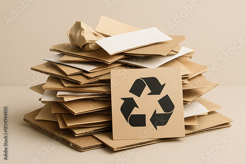 Pile of recycled cardboard and paper boxes with eco recycle symbol promoting green sustainability waste management and environmental conservation concept