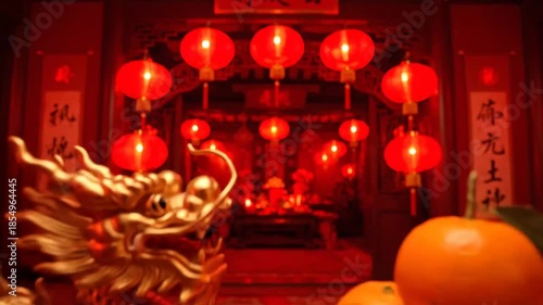 Vibrant Lunar New Year Celebration with Red Lanterns and Traditional Decor