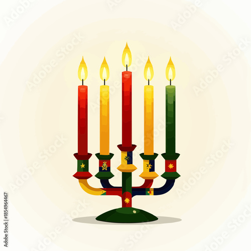 Colorful candle holder with glowing candles for Kwanzaa celebration  