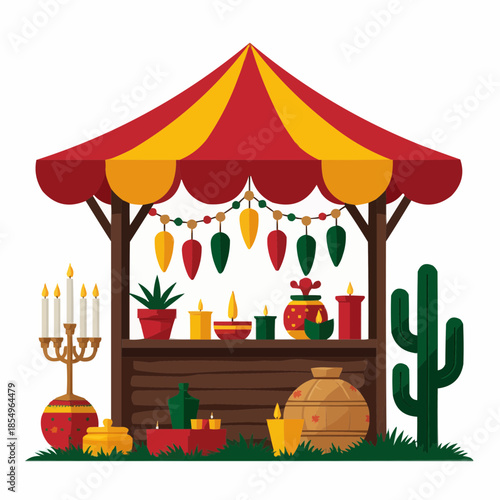 Market stall selling candles and African crafts in modern flat vector design  