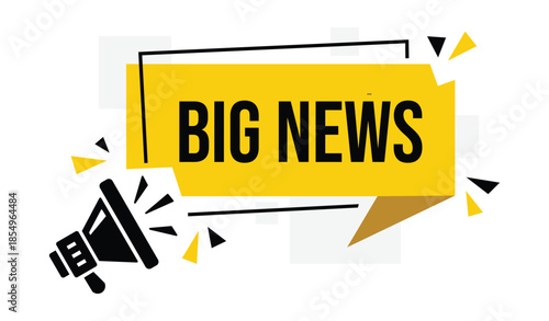 Big News Alert Banner with Megaphone Icon – Yellow and Black Speech Bubble Label for Urgent Notification, Emergency Message, Safety and Business Alert, Modern Flat Vector 