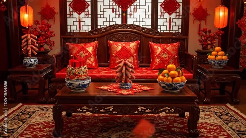 Beautiful Traditional Chinese Lunar New Year Indoor Decor with Red Lanterns