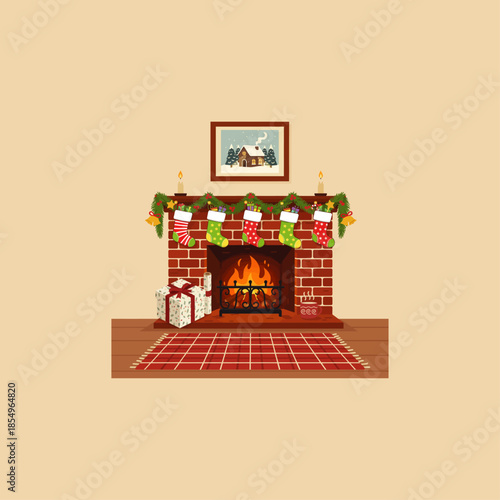 Christmas fireplace icon flat vector design.