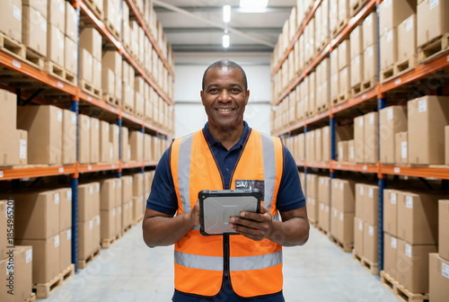 A smiling African American warehouse worker in an orange vest holds a tablet, symbolizing modern logistics and efficient inventory management.