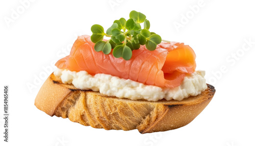 Toasted bread with creamy cheese, smoked salmon, and fresh microgreens. Isolated on transparent background.