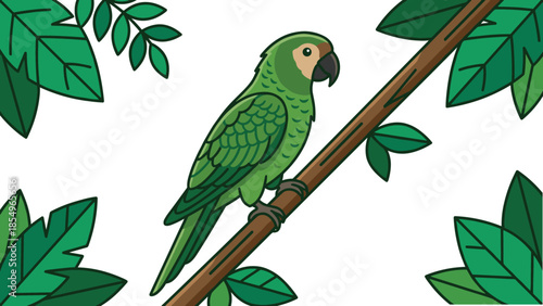 Green parrot illustration perched on branch, tropical bird vector artwork, colorful jungle wildlife design, exotic nature cartoon, isolated background graphic