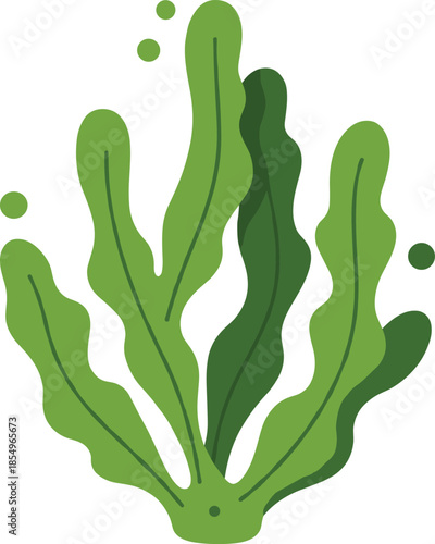 Green seaweed illustration, underwater plant art, marine algae drawing, ocean-themed clipart, wavy fronds, aquatic vegetation, eco-friendly design, nature element, environmental cartoon style