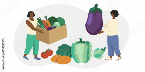 Two people carrying a bountiful harvest of fresh vegetables and fruits