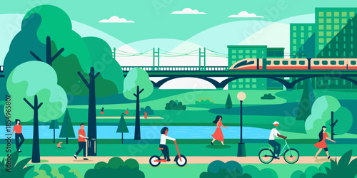 A vibrant city park with people enjoying leisure activities near a river