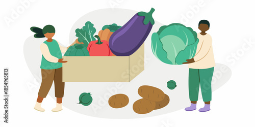 Two people carrying a box of fresh vegetables and produce together