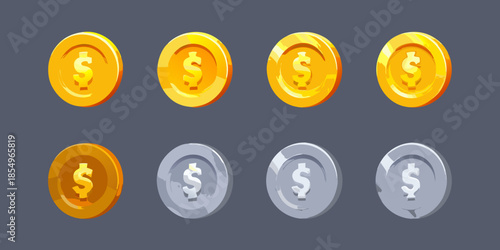 A collection of golden and silver coins with dollar signs displayed