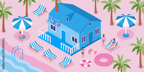 Isometric illustration of a vibrant beach house with surrounding summer elements