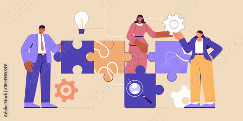 Teamwork and innovation concept with connecting puzzle pieces and ideas