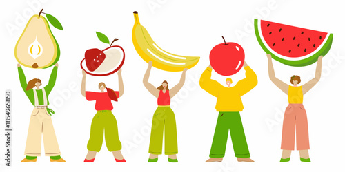 People cheerfully holding up illustrations of various colorful fruits