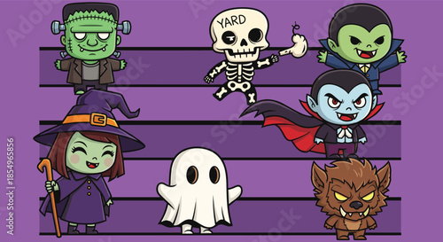 Halloween characters, spooky lineup, cartoon monsters, festive illustration, purple background, costume icons, scary faces, kids theme, horror style, playful design, seasonal artwork