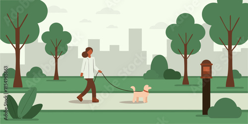 A woman walking her dog in a park with a city skyline backdrop