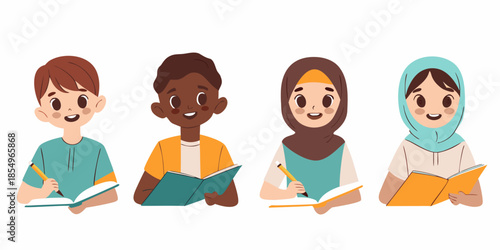 Diverse group of children reading and writing together promoting inclusivity