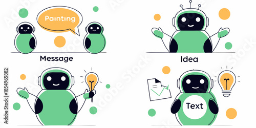 Creative robots with ideas messages and text illustrate innovation and communication