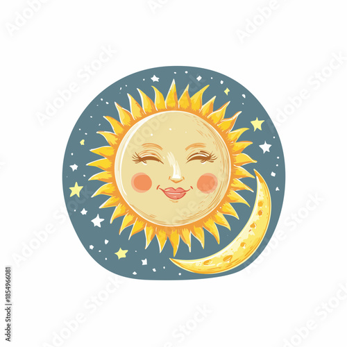 Illustration of a smiling sun with rosy cheeks and closed eyes, accompanied by a crescent moon and stars on a blue background.