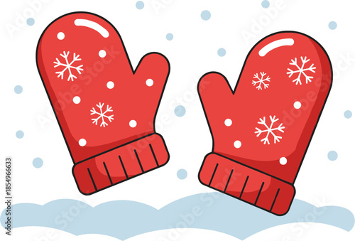 Red mittens with snowflakes in a winter setting, isolated on a transparent background with falling snowflakes, evoking warmth and holiday cheer.