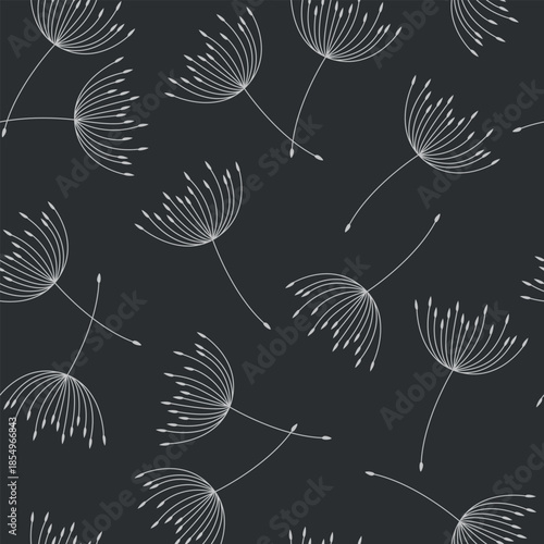 Seamless pattern with dandelion outlines on a dark background.