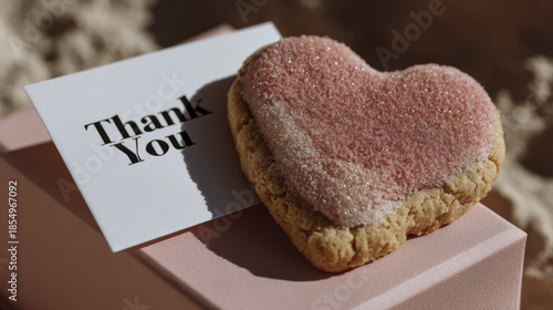 Heart cookie thank you card sugar icing pink dessert love message gift box sweet treat romantic note gratitude concept celebration detail Heart
