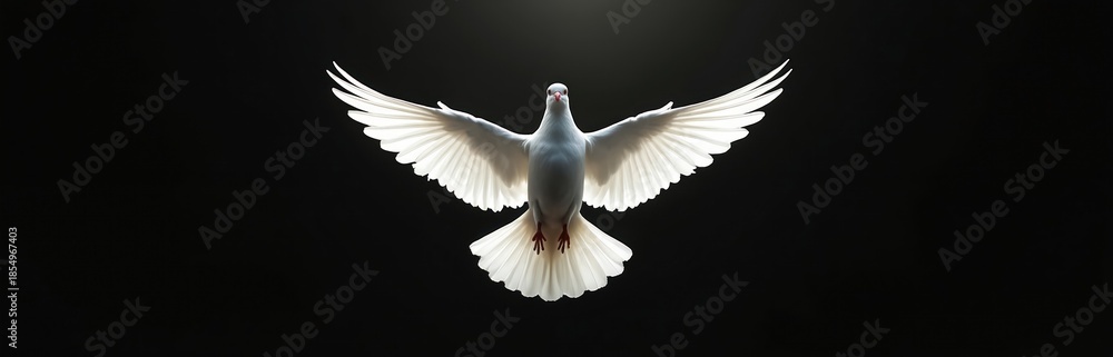 Fototapeta premium White dove flies with spread wings against dark background. Bird symbolizes peace hope and freedom. Symbol of purity hope and spiritual rebirth for solemn events.