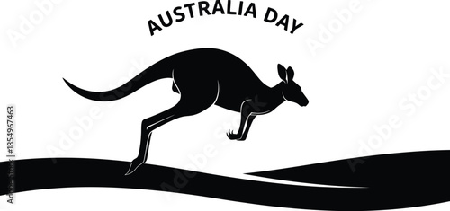Black and white graphic design celebrating Australia Day featuring a jumping kangaroo silhouette