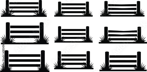 Collection of various black silhouette ranch-style wooden fence sections with grass details