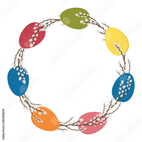 Easter Wreath of willow branches and colorful eggs. Decorative element for design, greeting card, invitation, sale, decor.