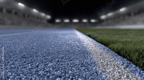 Blue running track white line night stadium wet surface close up sports field artificial turf dramatic light texture detail dynamic mood blue
