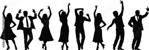 Business people dancing silhouettes in formal suits and dresses, joyful corporate party celebration figures isolated on white background