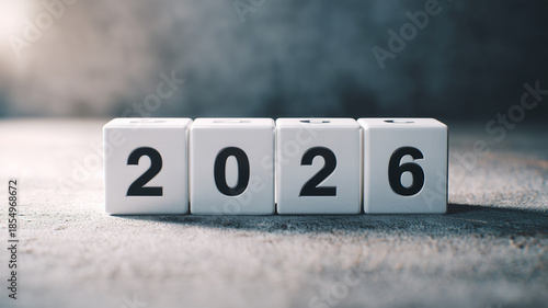 コンクリートの質感を背景に白い2026キューブを並べ、編集寄りの落ち着いた印象に