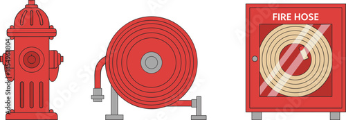 Fire safety equipment illustration set featuring fire hydrant, hose reel, and wall-mounted fire hose cabinet for emergency response and protection designs