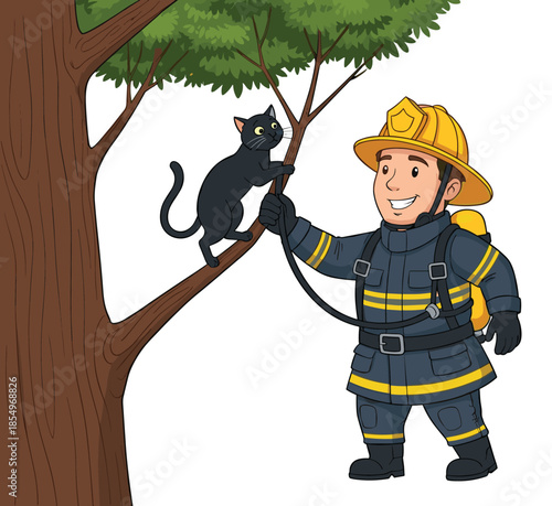 Firefighter rescues black cat from tree, emergency rescue scene, animal help, brave firefighter, feline rescue, outdoor safety, pet rescue operation, heroic moment, compassion