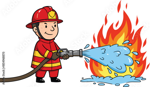 Firefighter, extinguishing, blaze, protective, gear, helmet, hose, water, spray, flames, emergency, rescue, safety, fire, suppression, brave, hero, action, smoke, danger, fireman, uniform, firetruck
