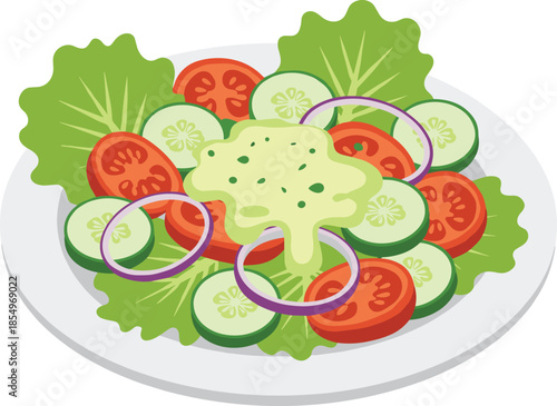 Fresh salad plate, healthy vegetables, cucumber slices, tomato rings, red onion, green dressing, lettuce leaves, colorful food, nutritious meal, diet concept, organic lunch