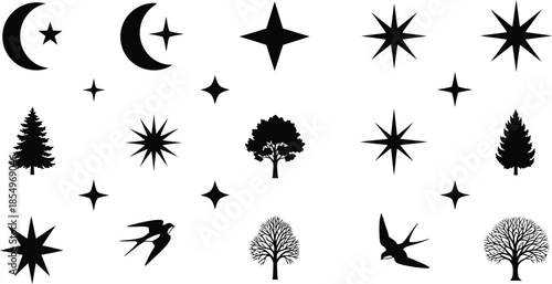 Collection of celestial nature icons featuring moons, stars, trees, and soaring birds