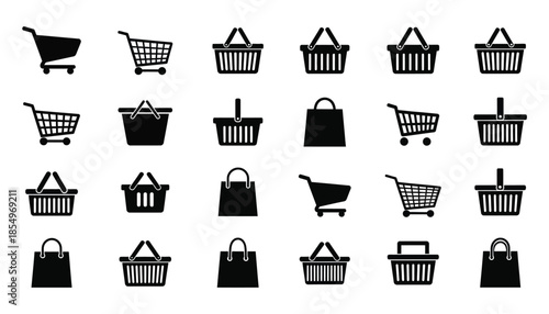Collection of shopping carts and bags icons in black on white background