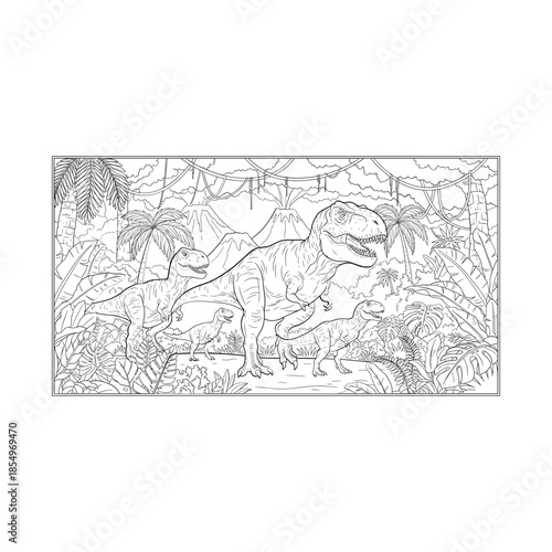Detailed line drawing of dinosaurs in a landscape Vector, illustration