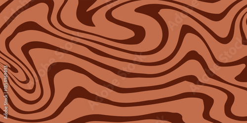 Retro coffee color background. Milk chocolate liquid dessert texture. Wavy swirl candy pattern for poster, cover, banner, pamphlet. Vintage brown trippy hippie wallpaper in 60s or 70s style. Vector