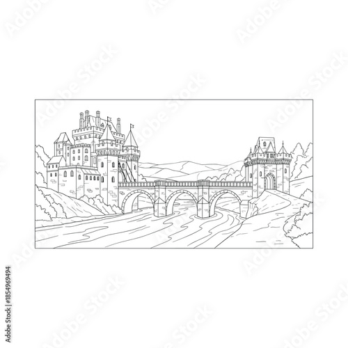 Medieval castle with bridge and surrounding landscape Vector, illustration