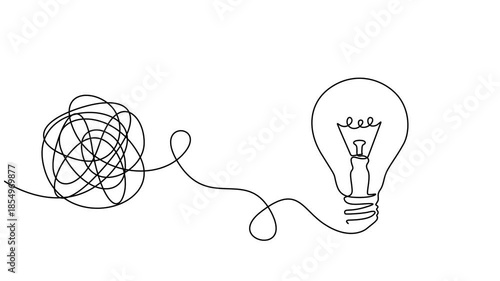 unraveling to glowing light bulb animation continuous one line drawing, Animated One continuous line drawing of tangled and scribble wires with light bulbs. Concept of complex problem solving process.