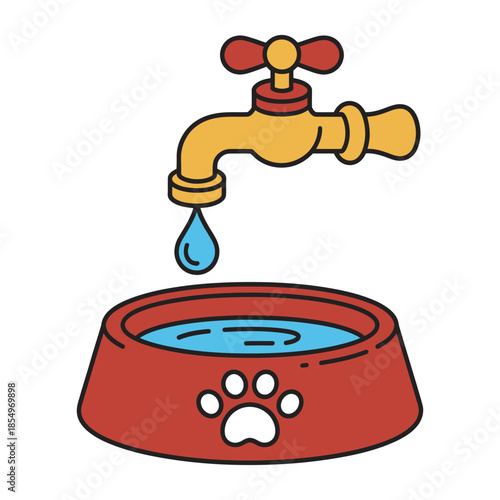 Clean Water for Pets Faucet Dripping into Animal Drinking Bowl with Paw Print