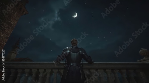 A man in armor stands on a balcony under a night sky with a crescent moon and stars