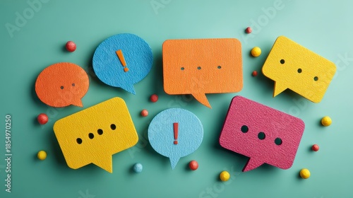 Wallpaper Mural A top-down shot of multicolored speech bubbles with ellipses and exclamation marks on a teal background. Small spheres scattered around Torontodigital.ca