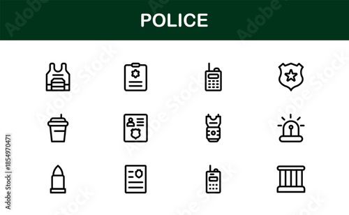 Police line icon set – Professional minimal law enforcement symbols in crisp vector outline style for versatile use